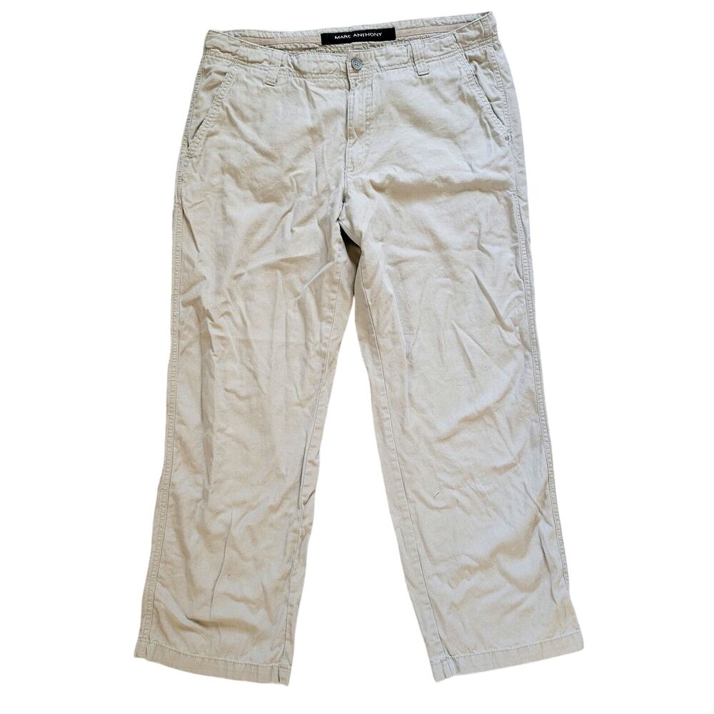 Marc Anthony Mens 36x30 Khaki Pants Beige Linen Cotton Wide Leg Trousers
